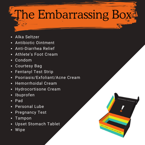 Adult emergency kit filled with hygiene essentials, first aid supplies, and personal care items